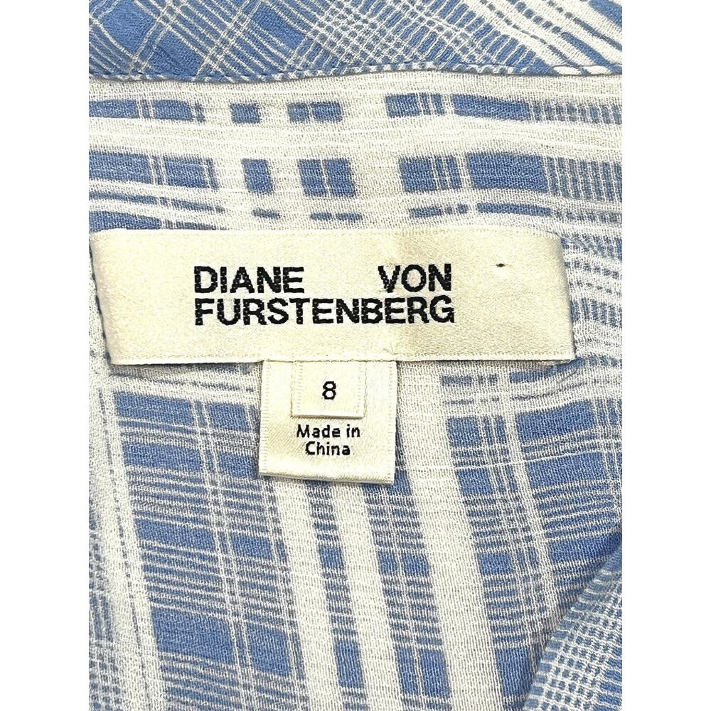 Diane Von Furstenberg Carter Blouse Womens 8 Blue White Plaid Button Front - Picture 6 of 7
